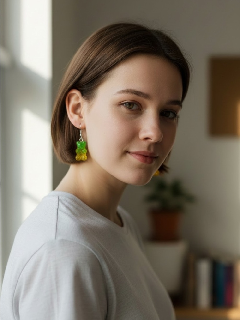 Gummy Bear Drop Earrings Green Yellow Glitter Resin Cute Kawaii Candy Jewelry